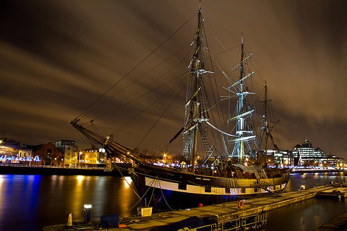 The revered famine ship Jeannie Johnston graces the Liffey in Dublin, Ireland